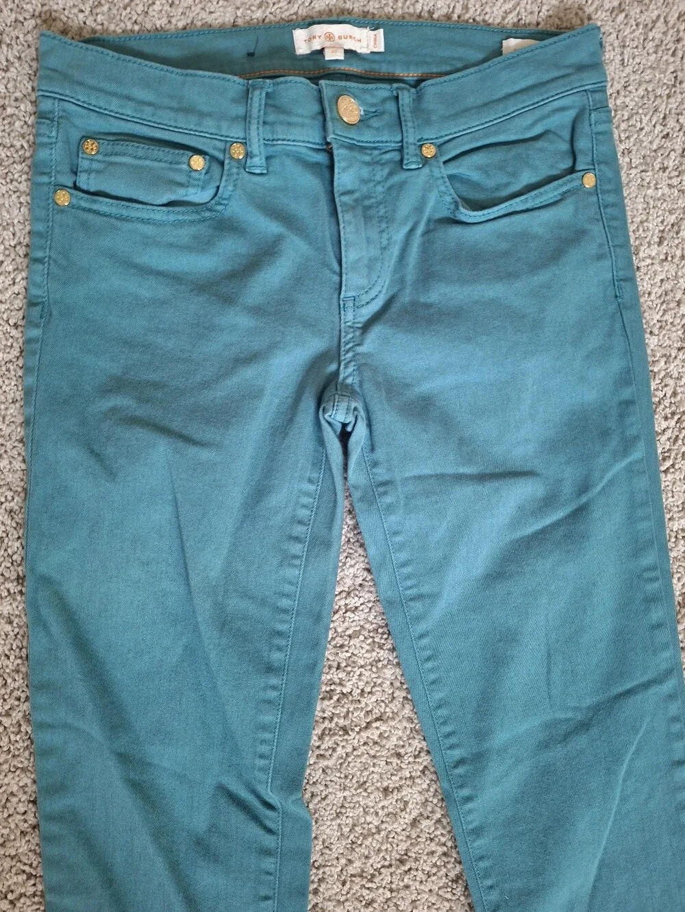 Tory Burch Super Skinny Ivy Jeans Teal Blue Green Stretchy Size 27